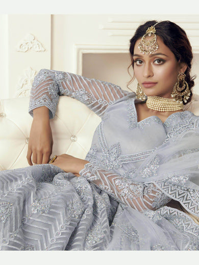 Light Purple Heavy Thread Coding Work Net Bridal Lehenga Choli